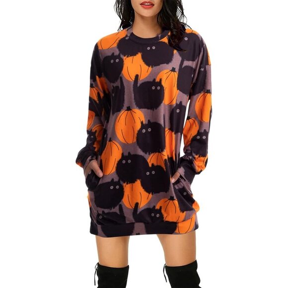 Women Halloween Sweatshirt Pumpkin Cat Long Sleeve Funny Doddle Graphic Shirts - Picture 2 of 5